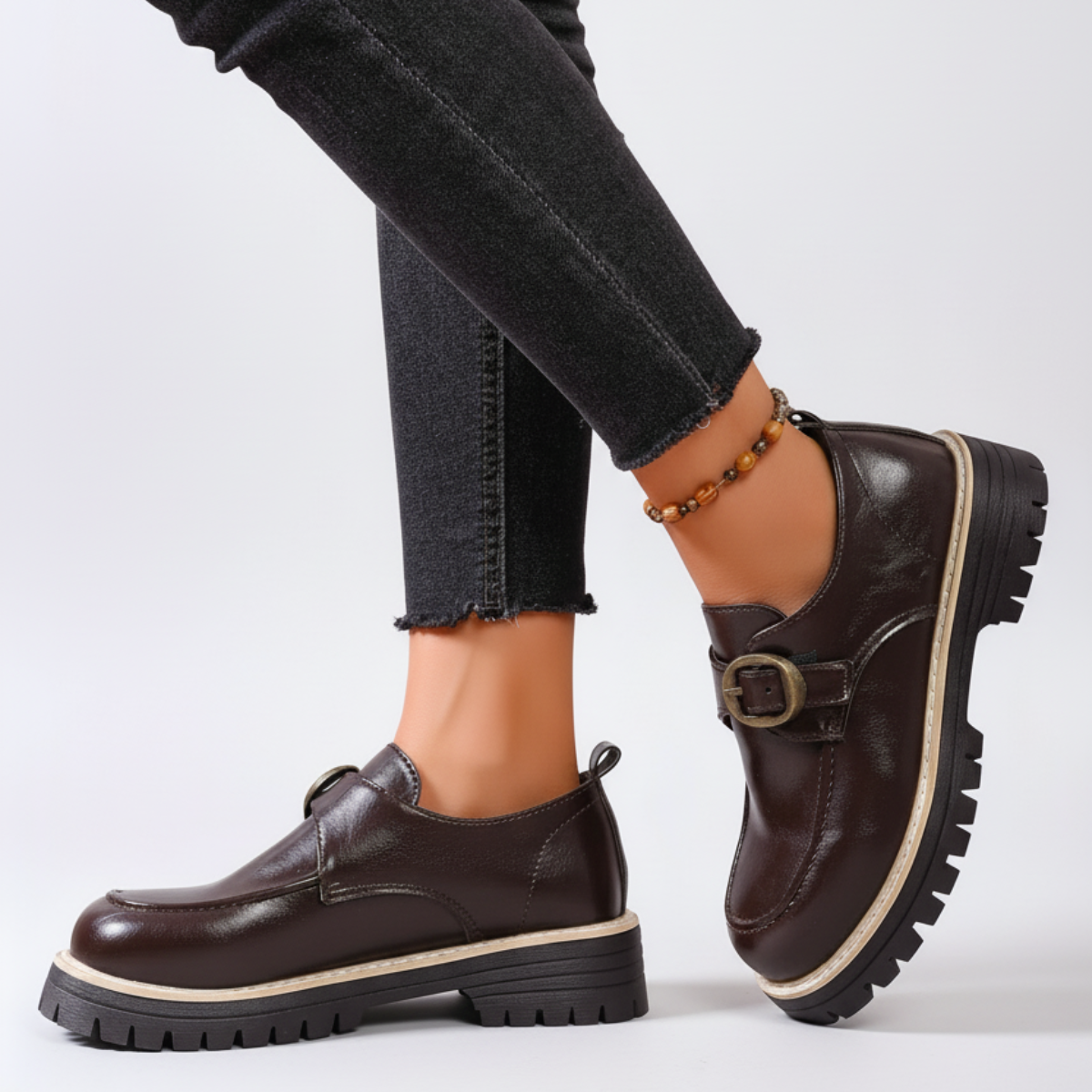Monk Strap Leather Loafers, Chunky Lugged Buckle Shoes