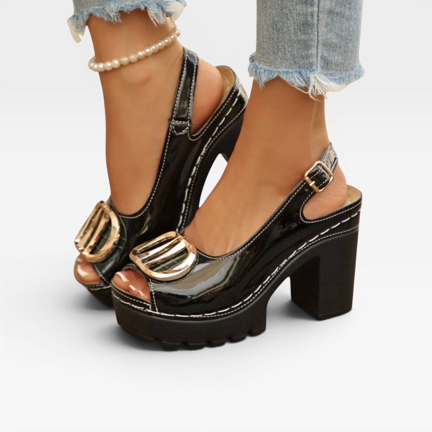 Chunky Platform Block Heel Sandals, Patent Peep Toe