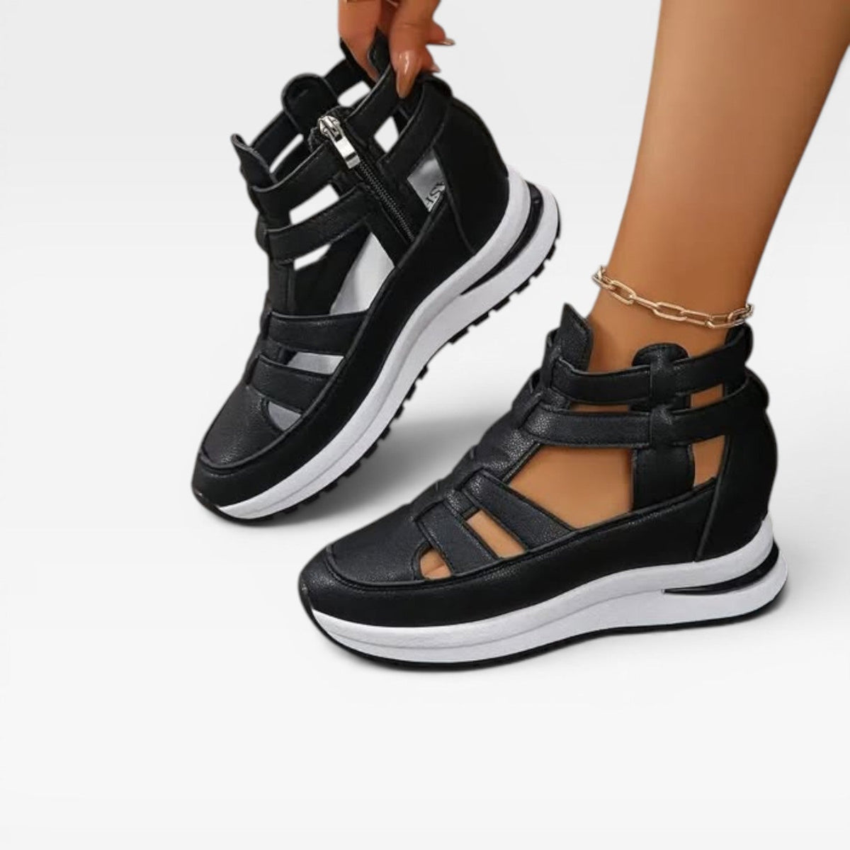 Closed Toe Platform Wedge Sandals, Cut Out Zip Strap
