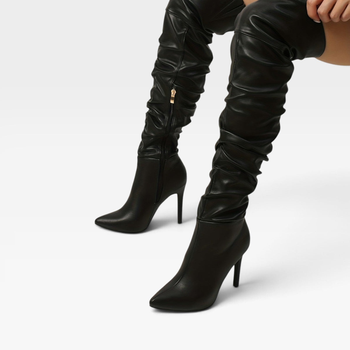 Over The Knee Stiletto Boots, Ruched Shaft Pointed Toe