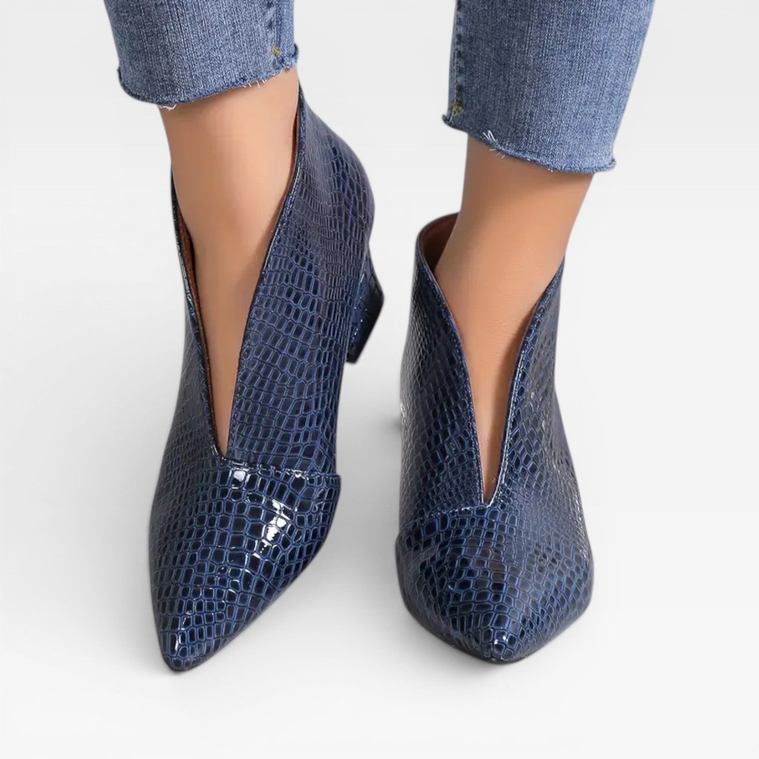 Croc Effect Ankle Boots, Pointed Toe Heeled Booties