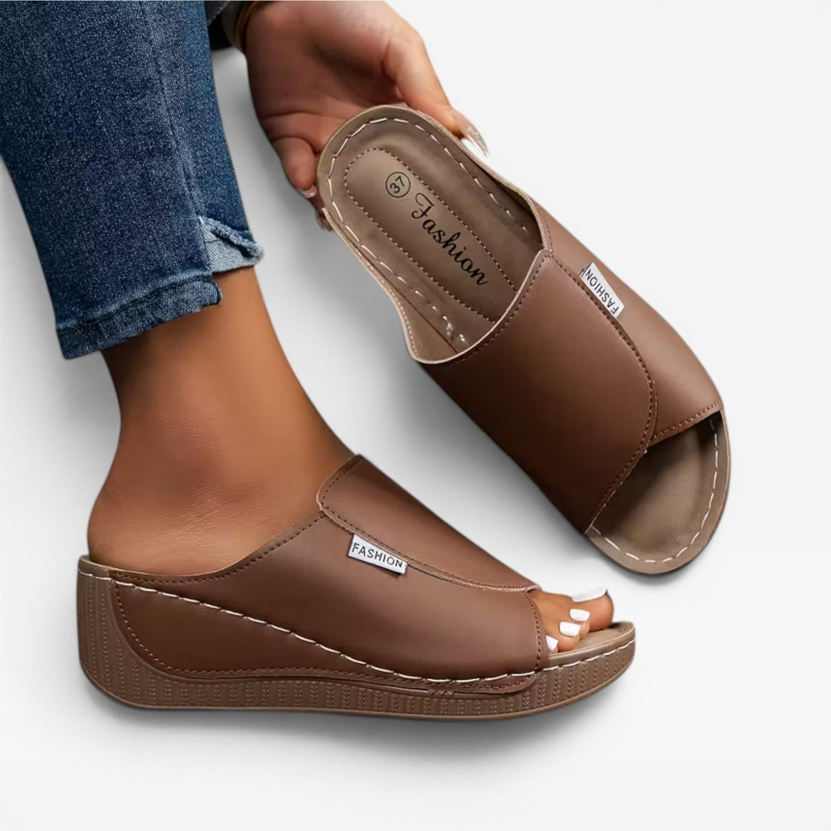 Leather Wedge Slide Sandals, Open Toe Cushioned Footbed