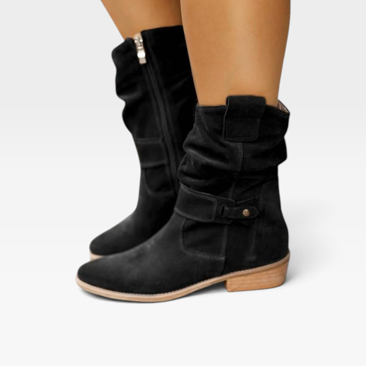 Boho Suede Ankle Boots, Tab Strap and Low Block Heel