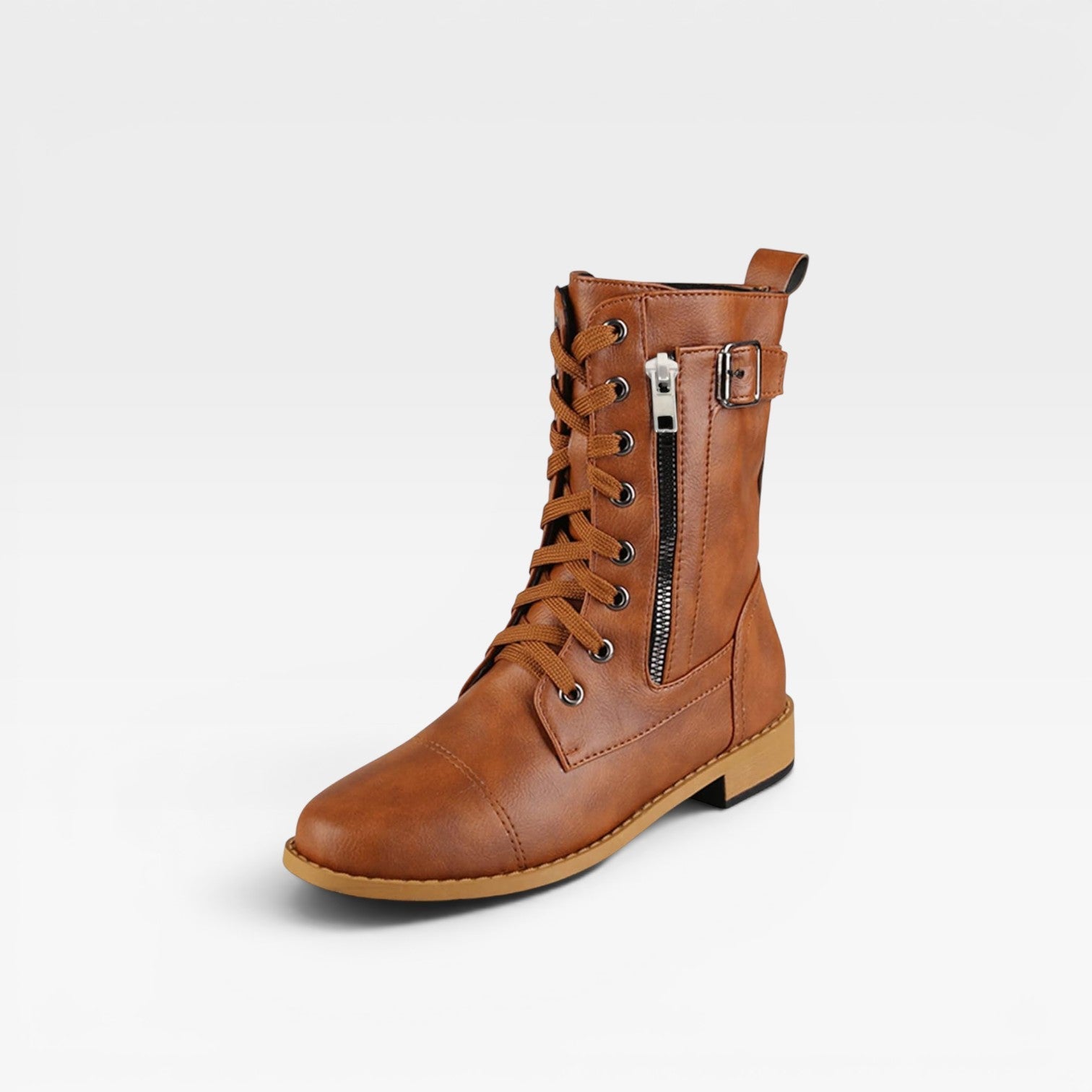 Lace Up Mid Calf Boots, Distressed Leather Block Heel