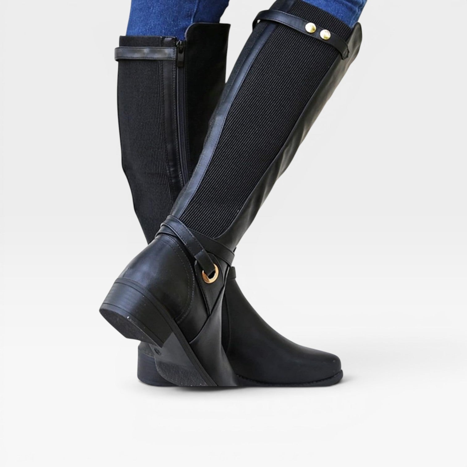 Knee High Boots, Elastic Gore Panel Side Zip Leather