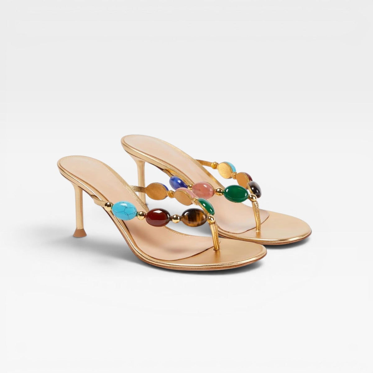 Gemstone Mule Heels, Jewel Tone Slip On Stiletto Shoes