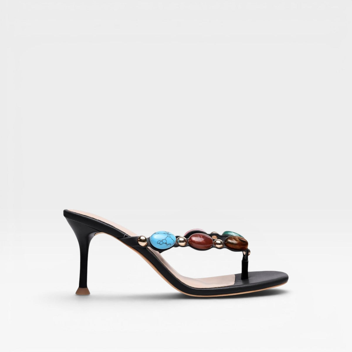 Gemstone Mule Heels, Jewel Tone Slip On Stiletto Shoes