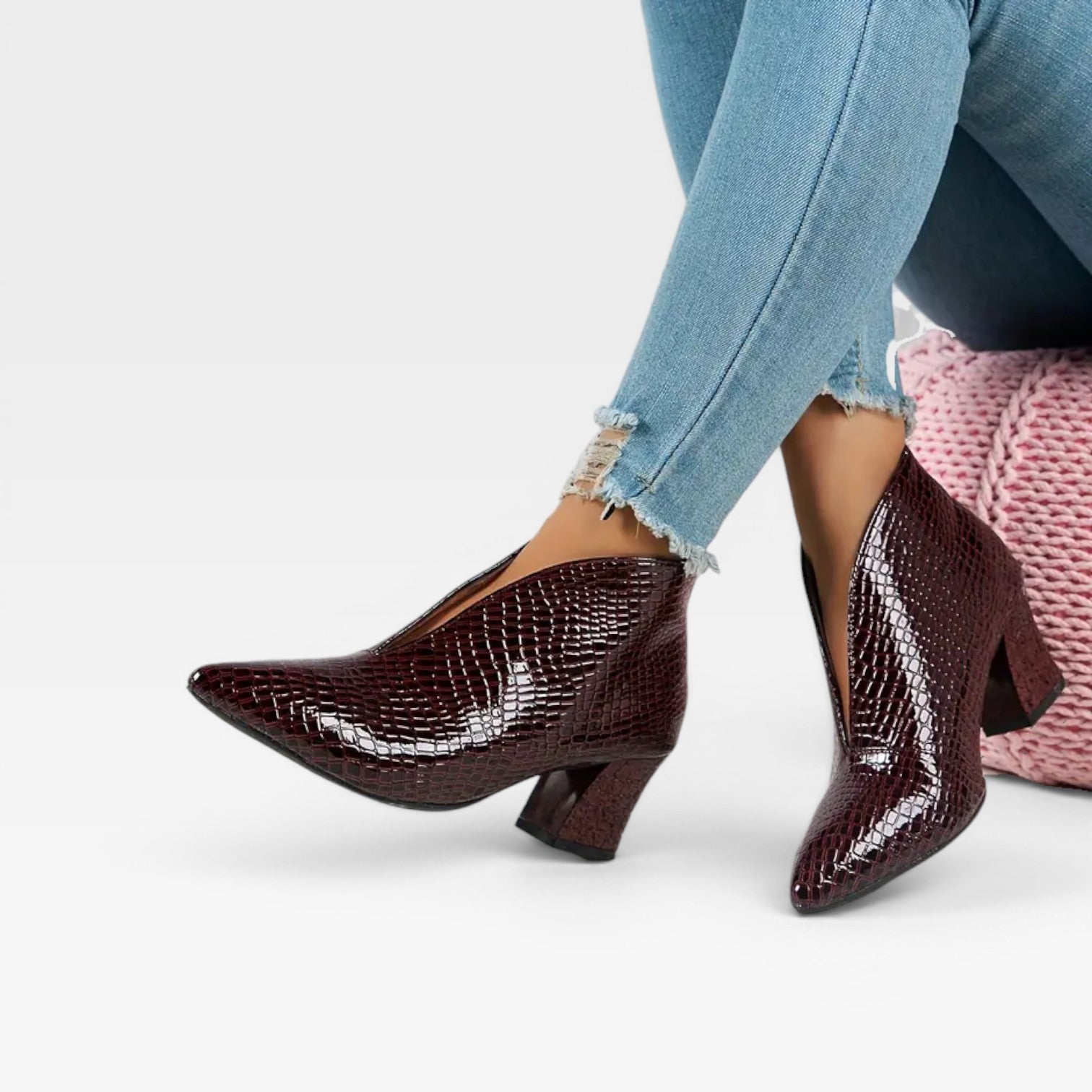 Croc Effect Ankle Boots, Pointed Toe Heeled Booties