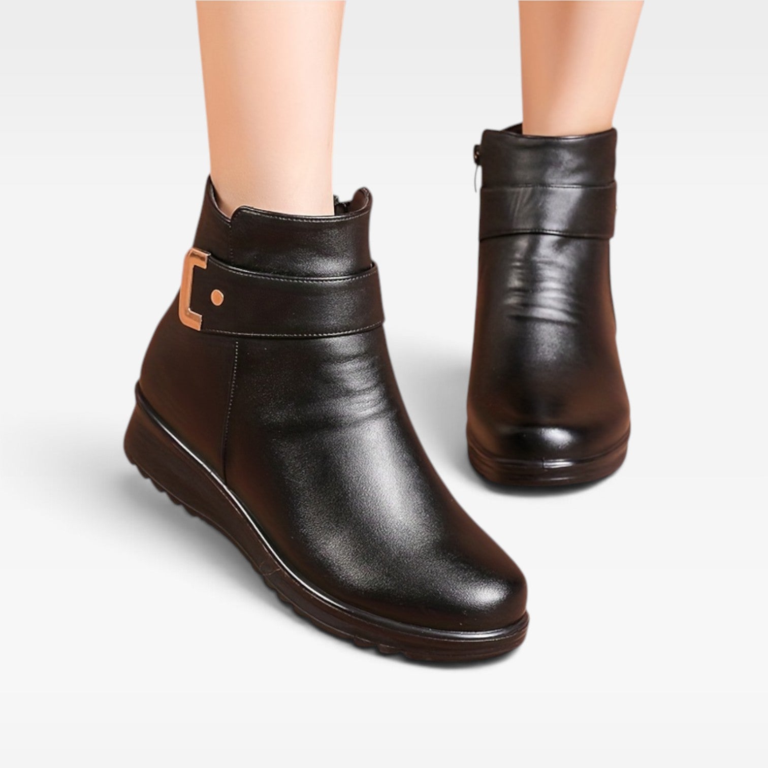 Wedge Ankle Boots, Buckle Strap Side Zip Cushioned Sole