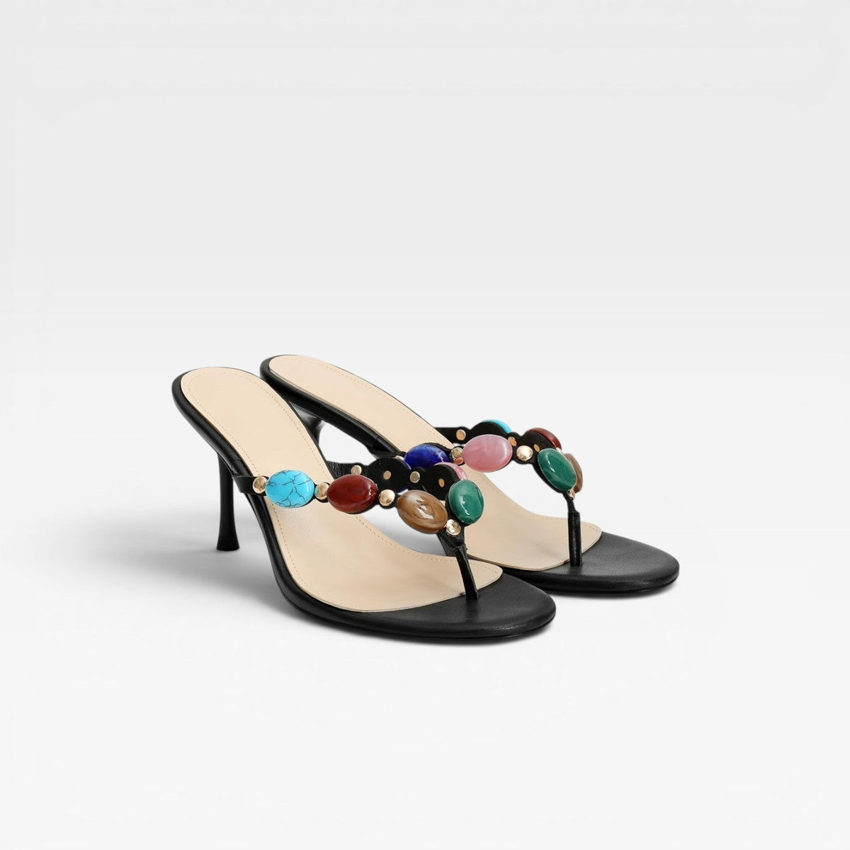 Gemstone Mule Heels, Jewel Tone Slip On Stiletto Shoes