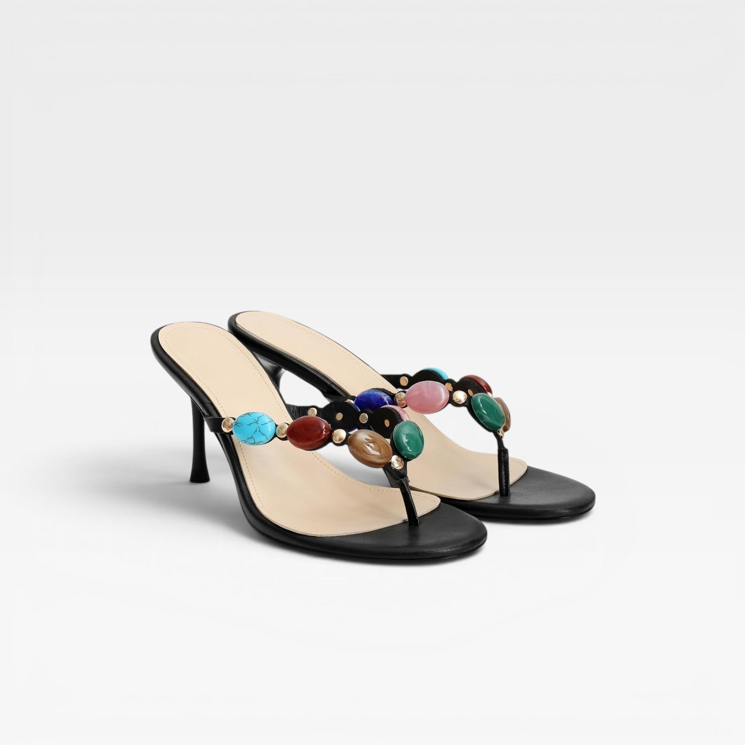 Gemstone Mule Heels, Jewel Tone Slip On Stiletto Shoes