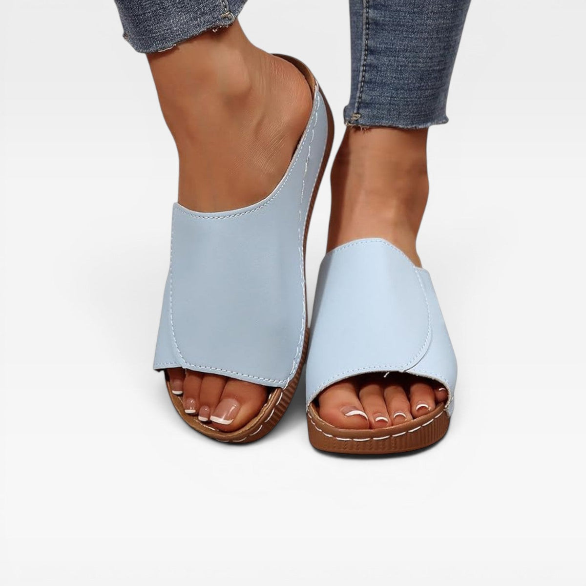 Leather Wedge Slide Sandals, Open Toe Cushioned Footbed