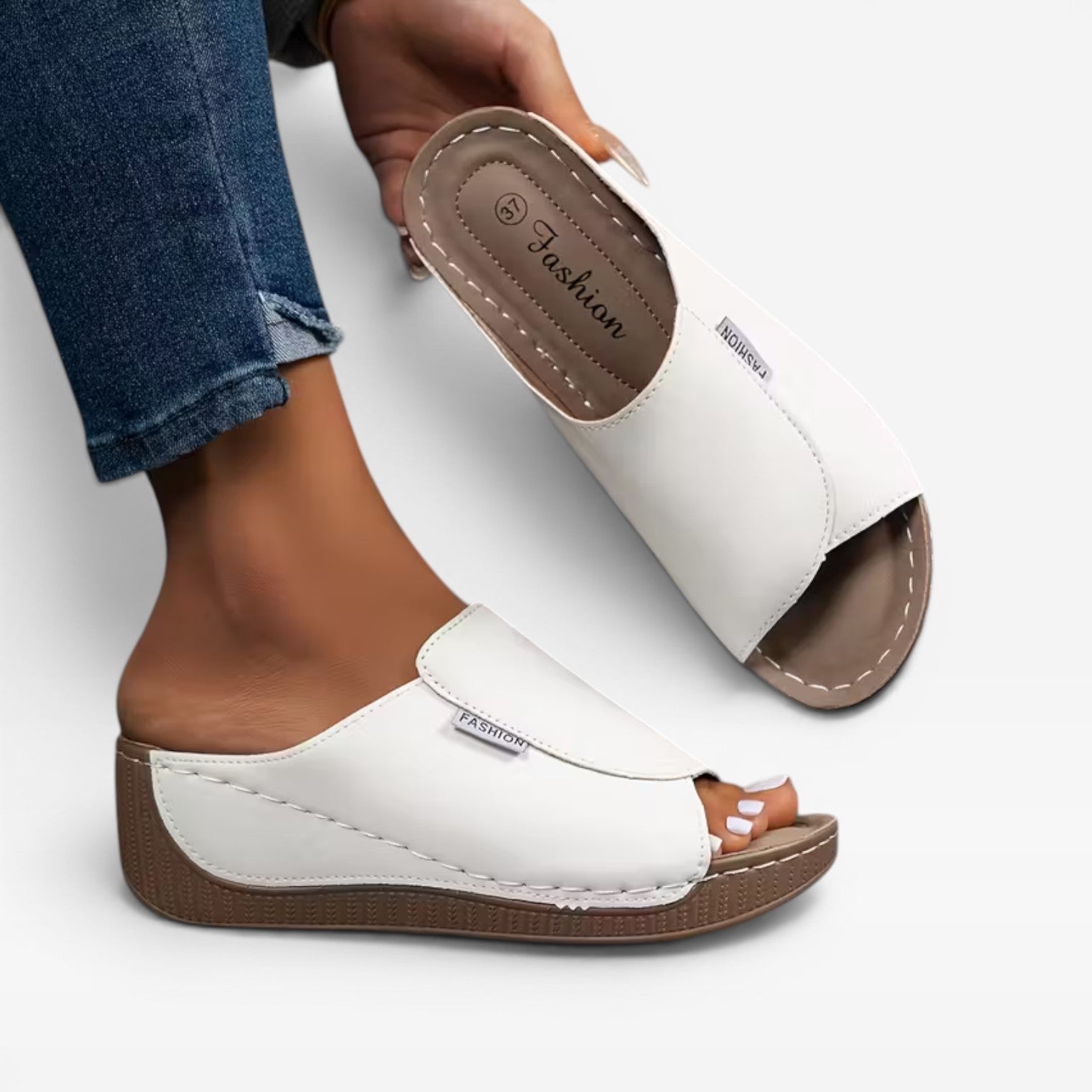 Leather Wedge Slide Sandals, Open Toe Cushioned Footbed