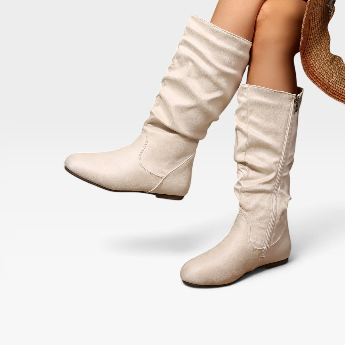 Mid Calf Slouch Boots, Hidden Wedge Sole and Side Zip