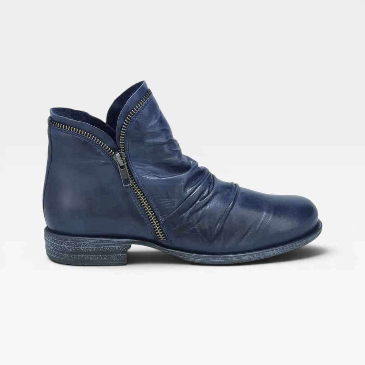 Slouchy Ankle Boots, Side Zip Low Block Heel Leather