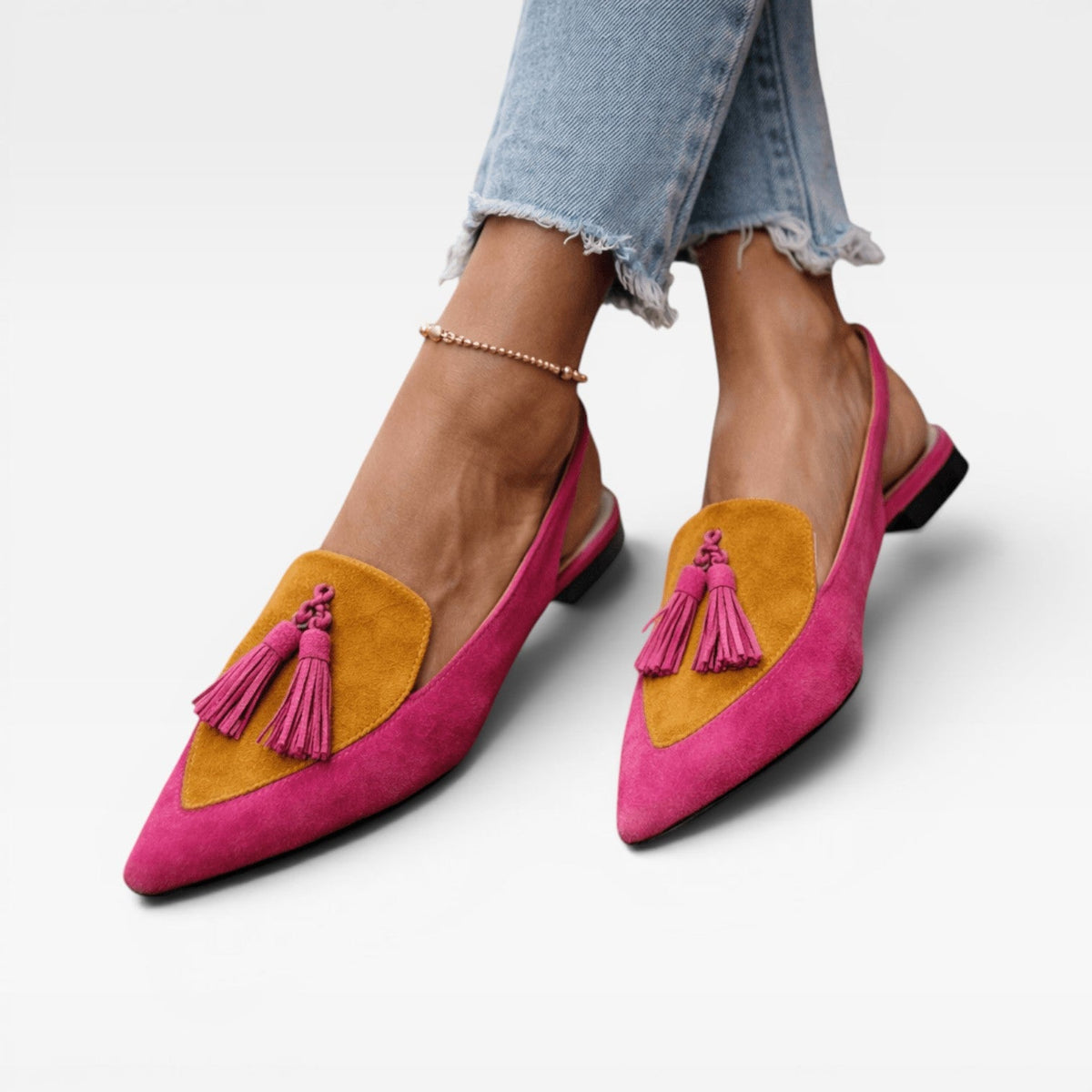 Color Block Slingback Flats, Suede Tassel Pointed Toe