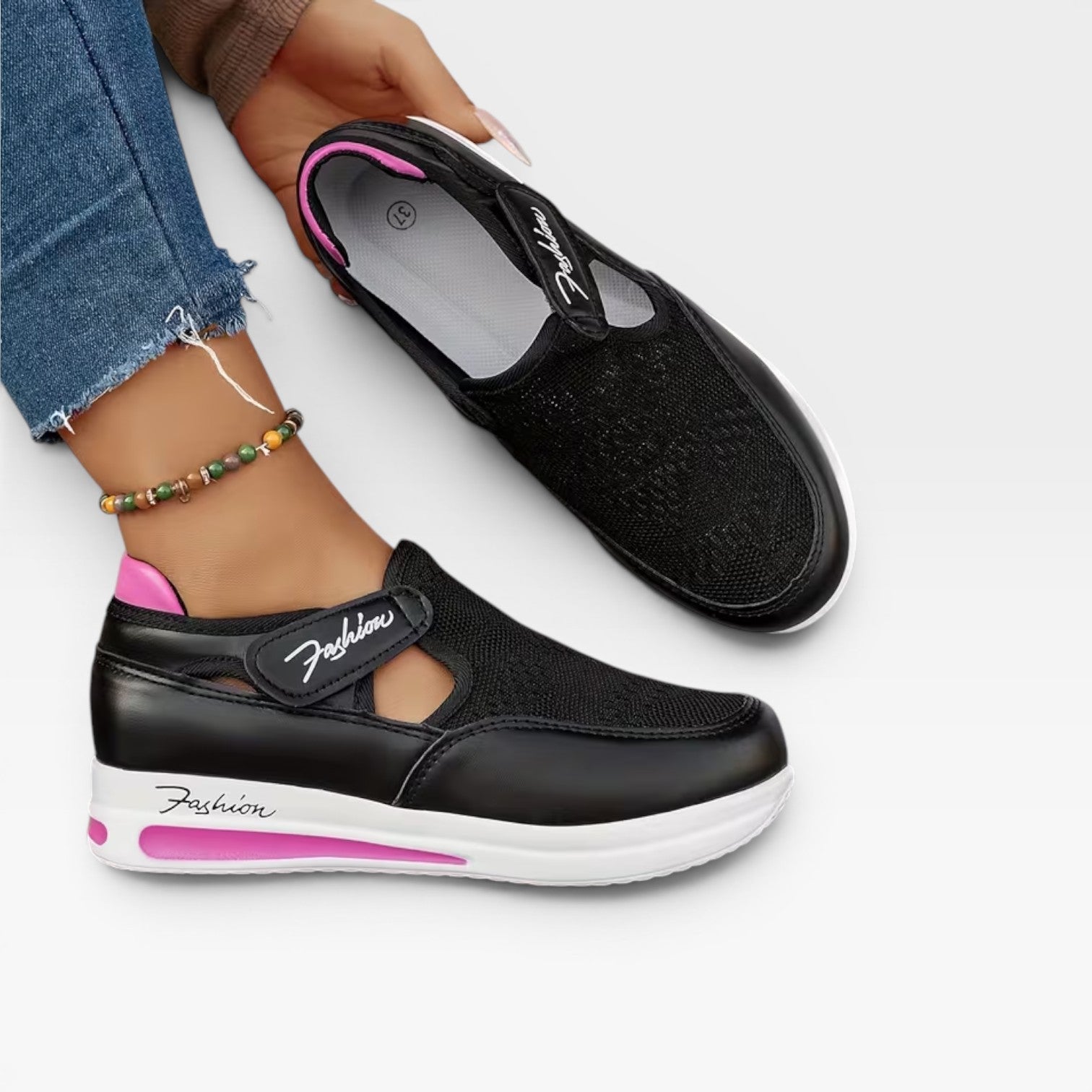 Velcro Strap Platform Trainers, Cutout Mesh Walk Shoes