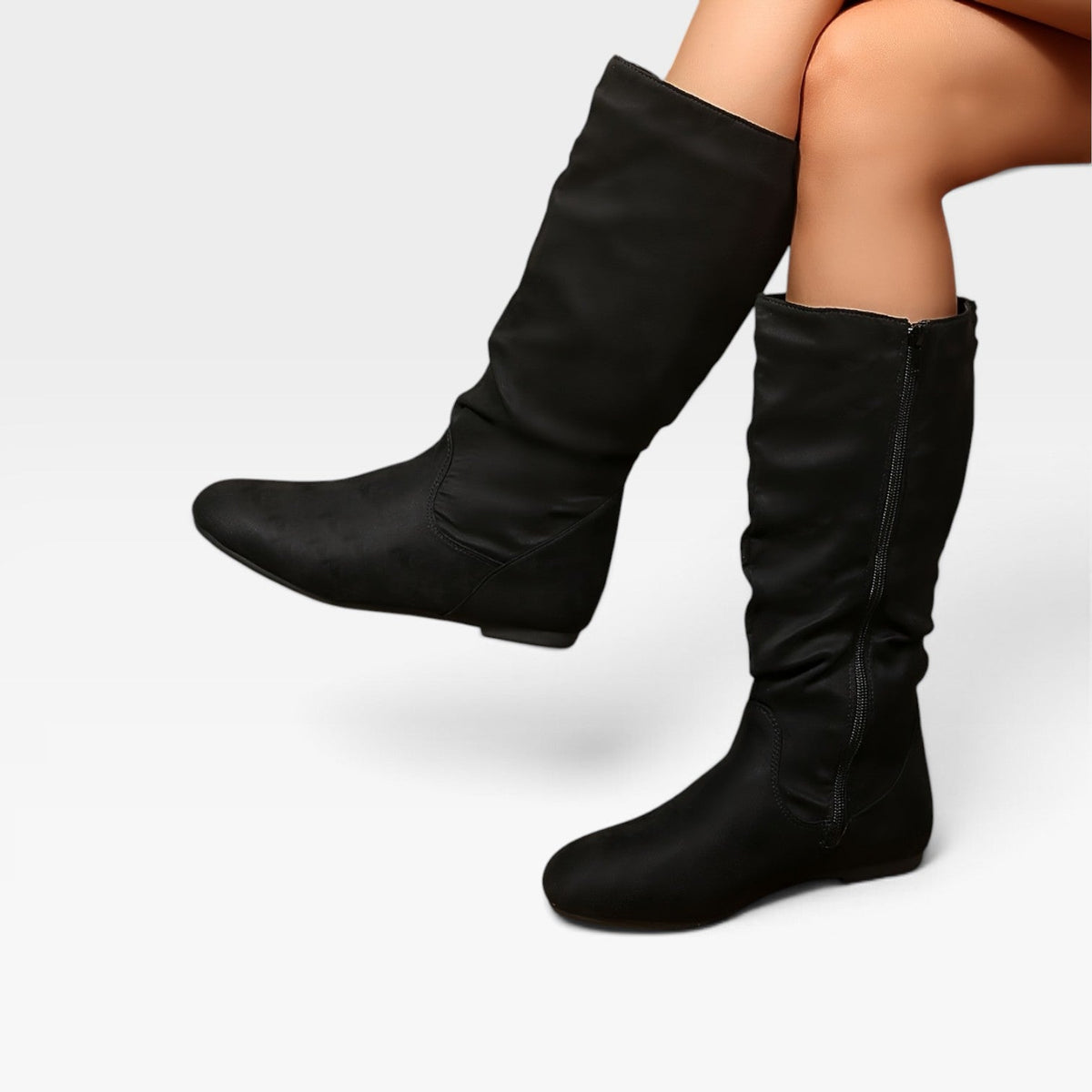 Mid Calf Slouch Boots, Hidden Wedge Sole and Side Zip