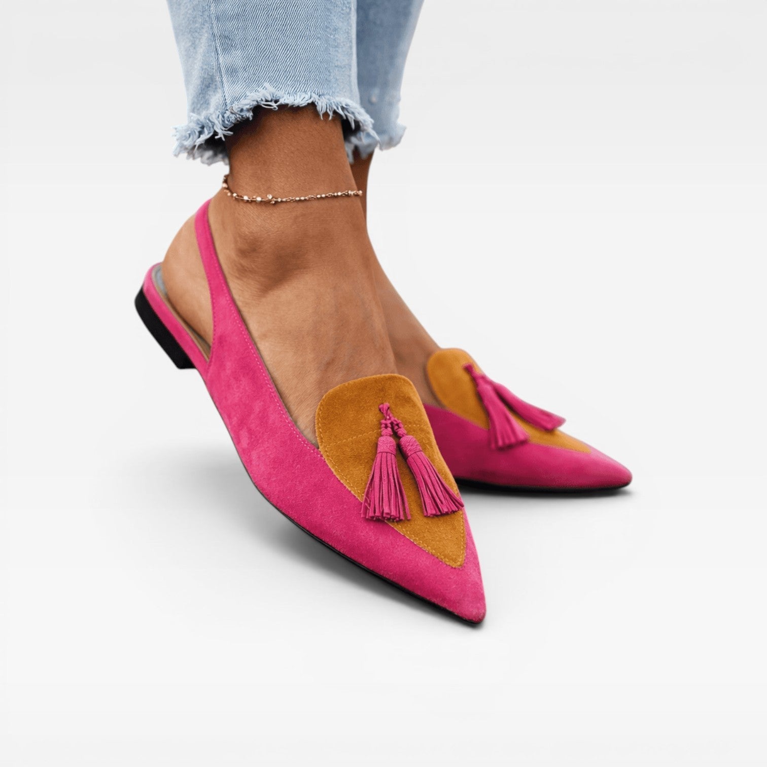 Color Block Slingback Flats, Suede Tassel Pointed Toe