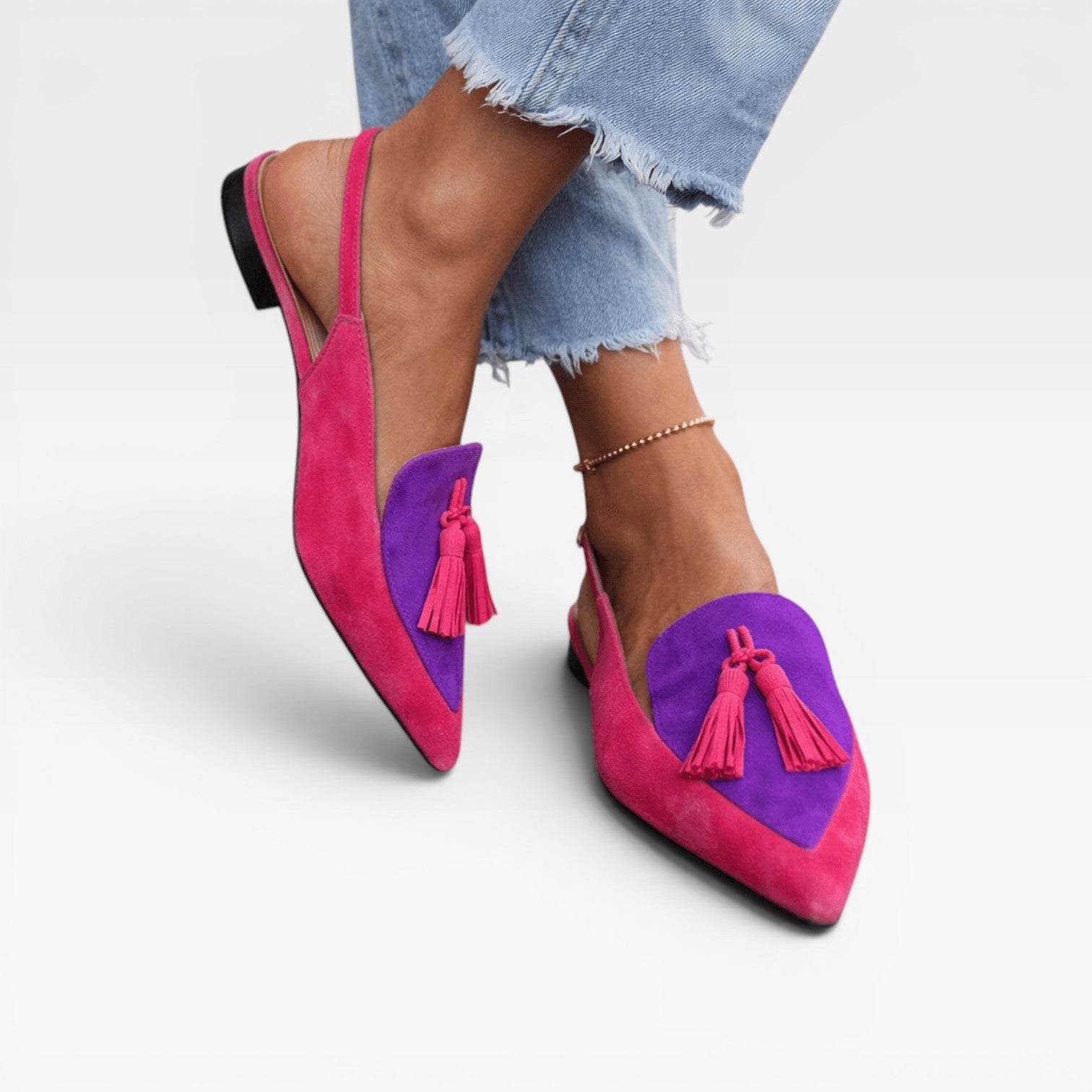Color Block Slingback Flats, Suede Tassel Pointed Toe