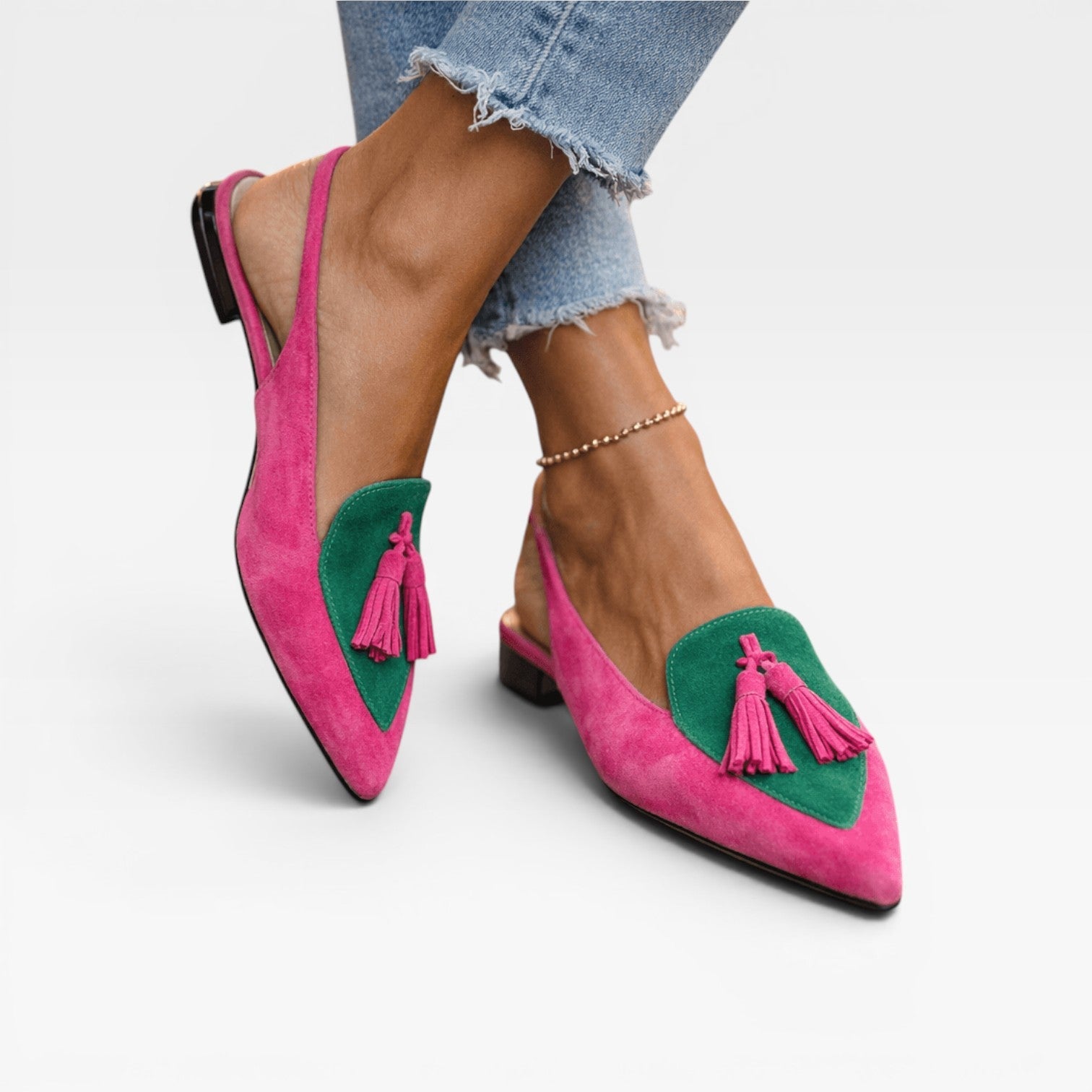Color Block Slingback Flats, Suede Tassel Pointed Toe