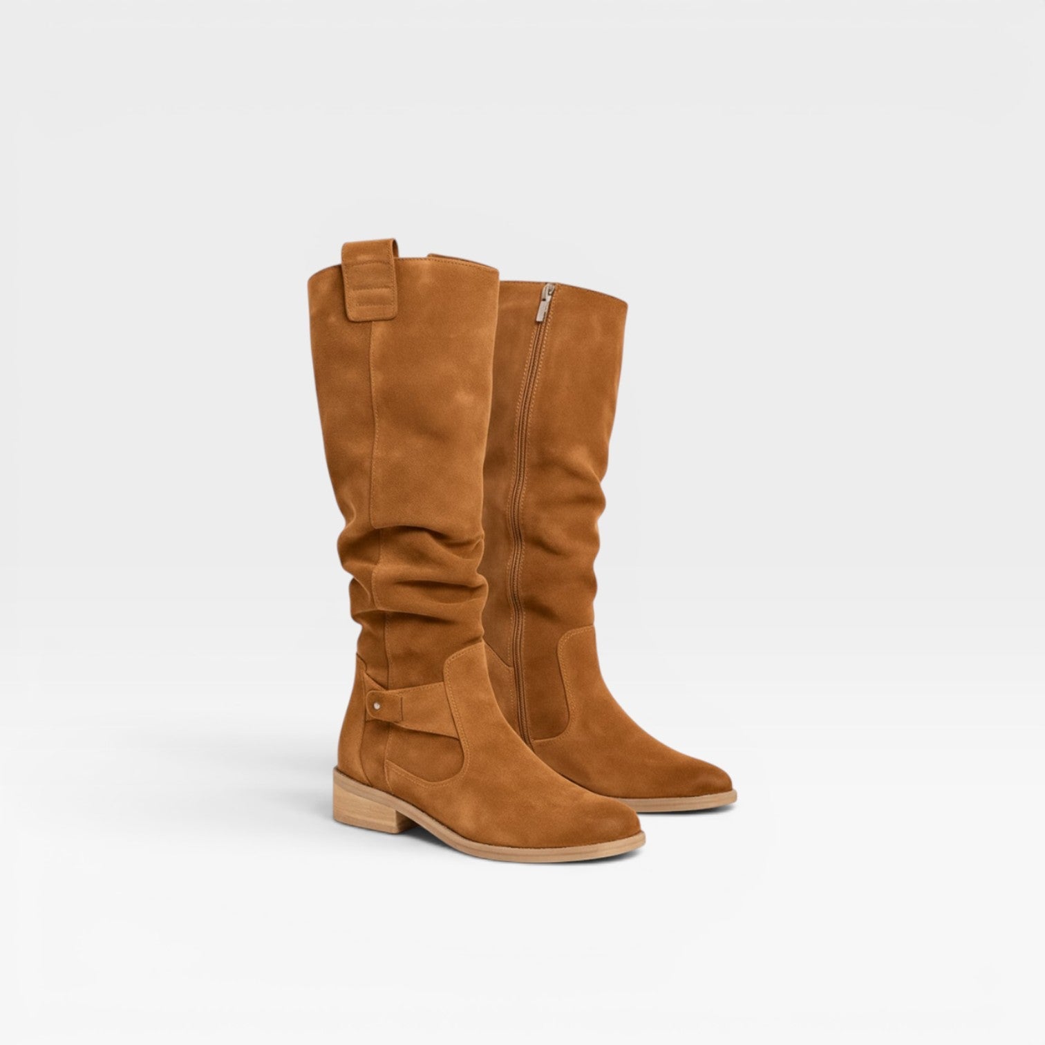 Slouchy Suede Knee High Boots, Buckle Low Block Heel