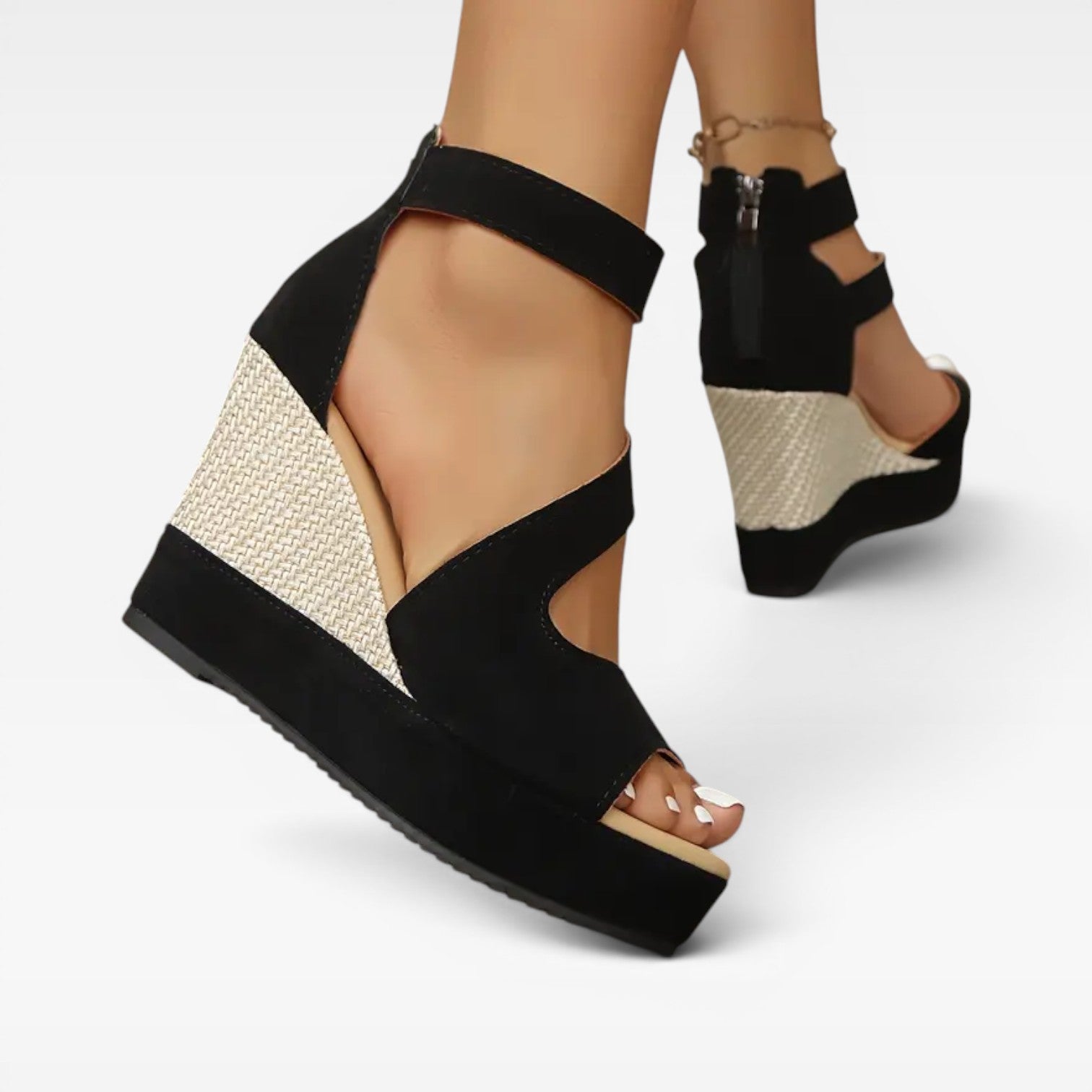 Woven Wedge Sandals, Suede Ankle Strap Back Zip Heel