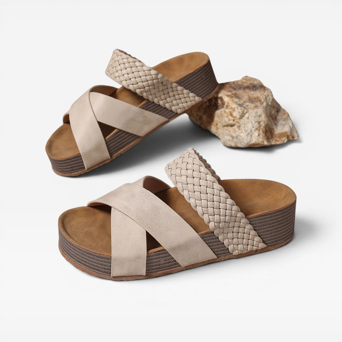 Woven Cross Strap Wedge Sandals, Leather Open Toe Mules