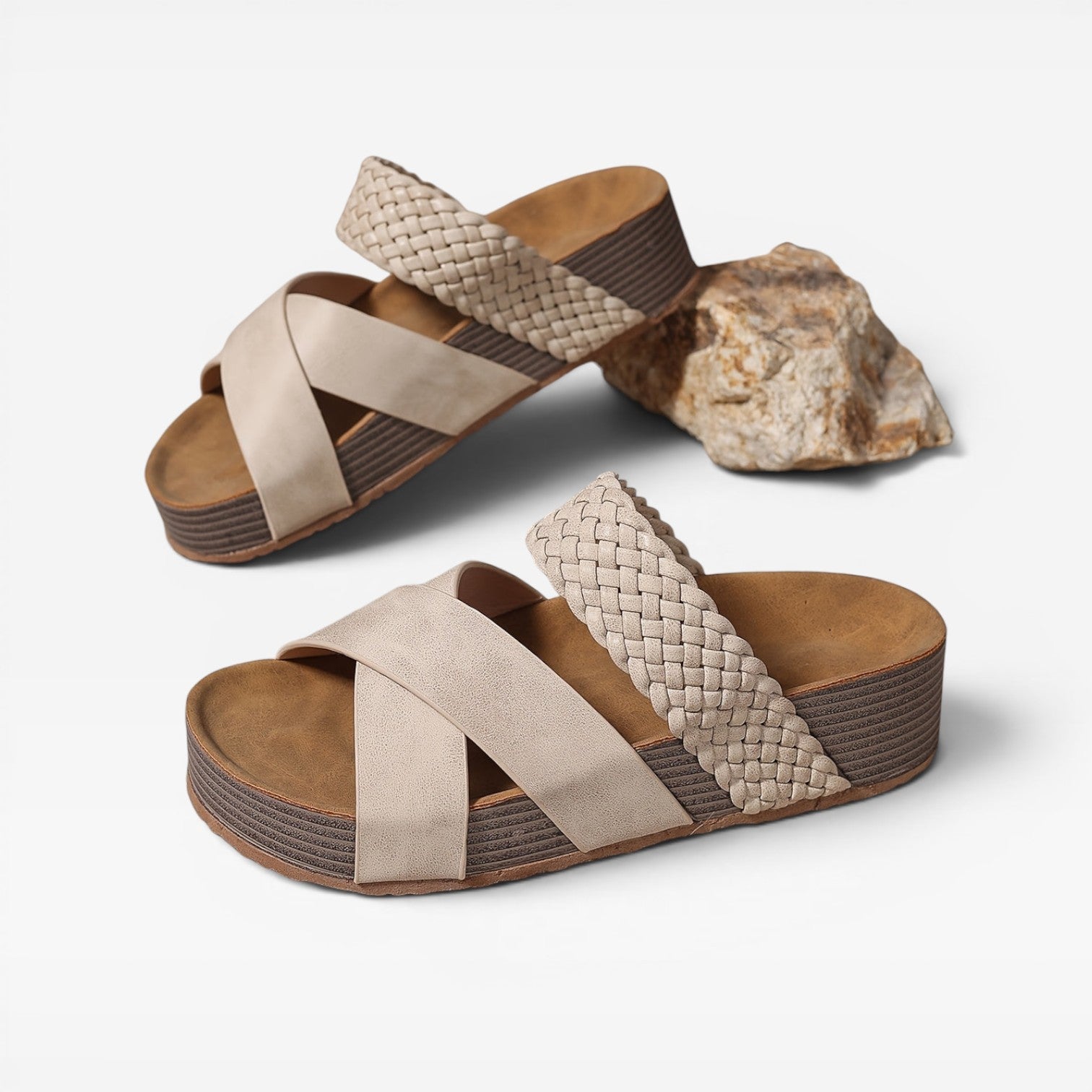 Woven Cross Strap Wedge Sandals, Leather Open Toe Mules