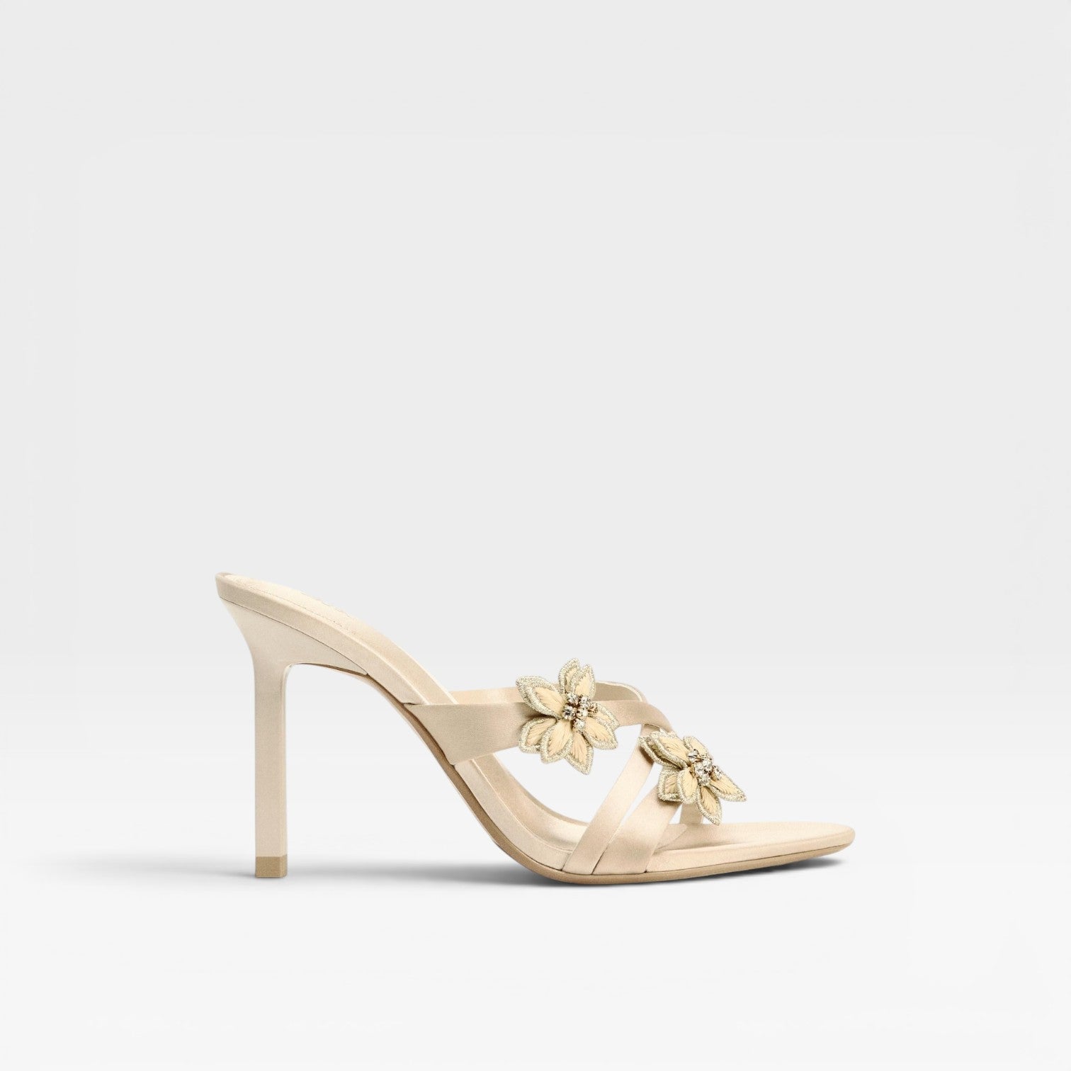 Crystal Flower Mule Sandals, Strappy Satin Stiletto