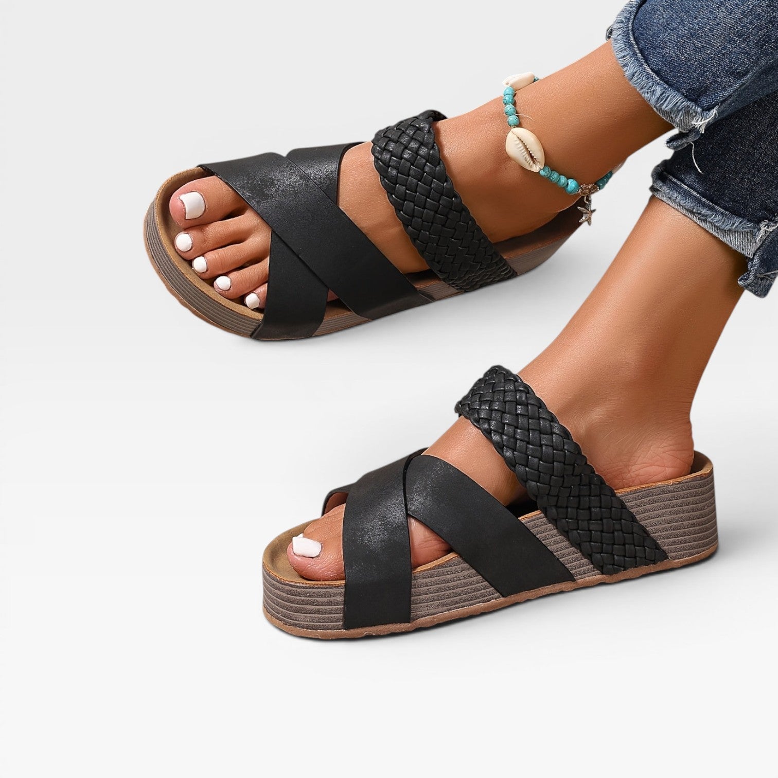 Woven Cross Strap Wedge Sandals, Leather Open Toe Mules