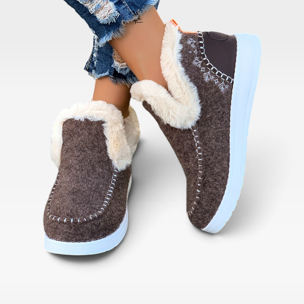 Wool Felt Ankle Boots, Moc Toe Fleece Lined Platform