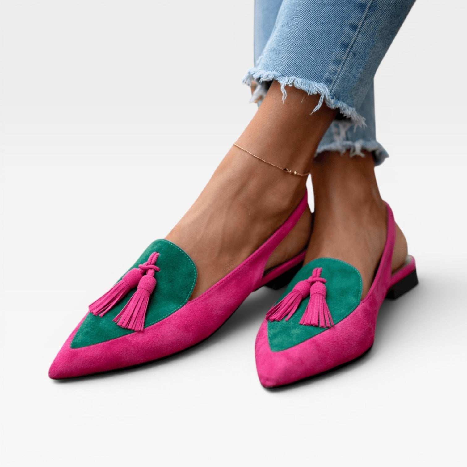 Color Block Slingback Flats, Suede Tassel Pointed Toe