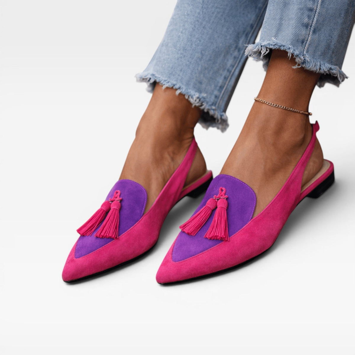 Color Block Slingback Flats, Suede Tassel Pointed Toe