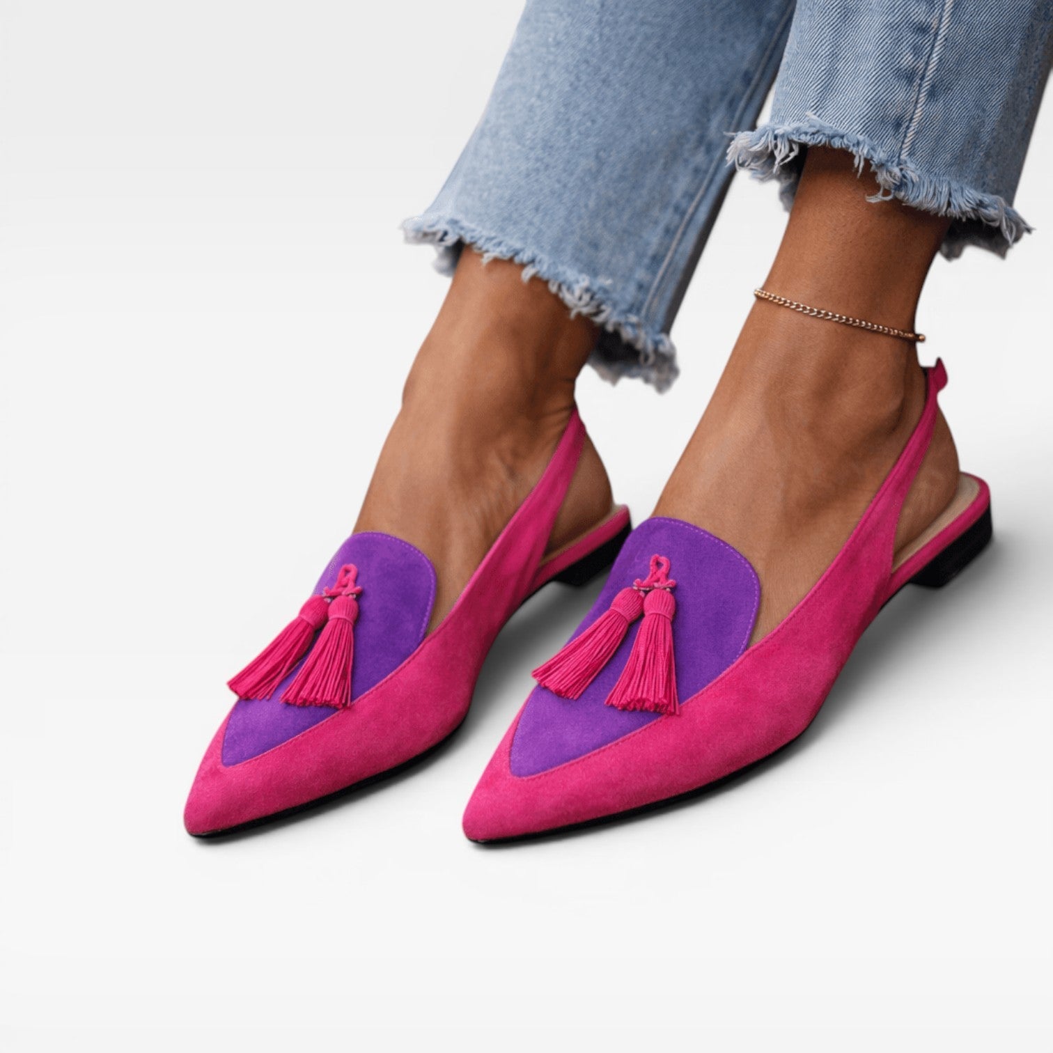Color Block Slingback Flats, Suede Tassel Pointed Toe