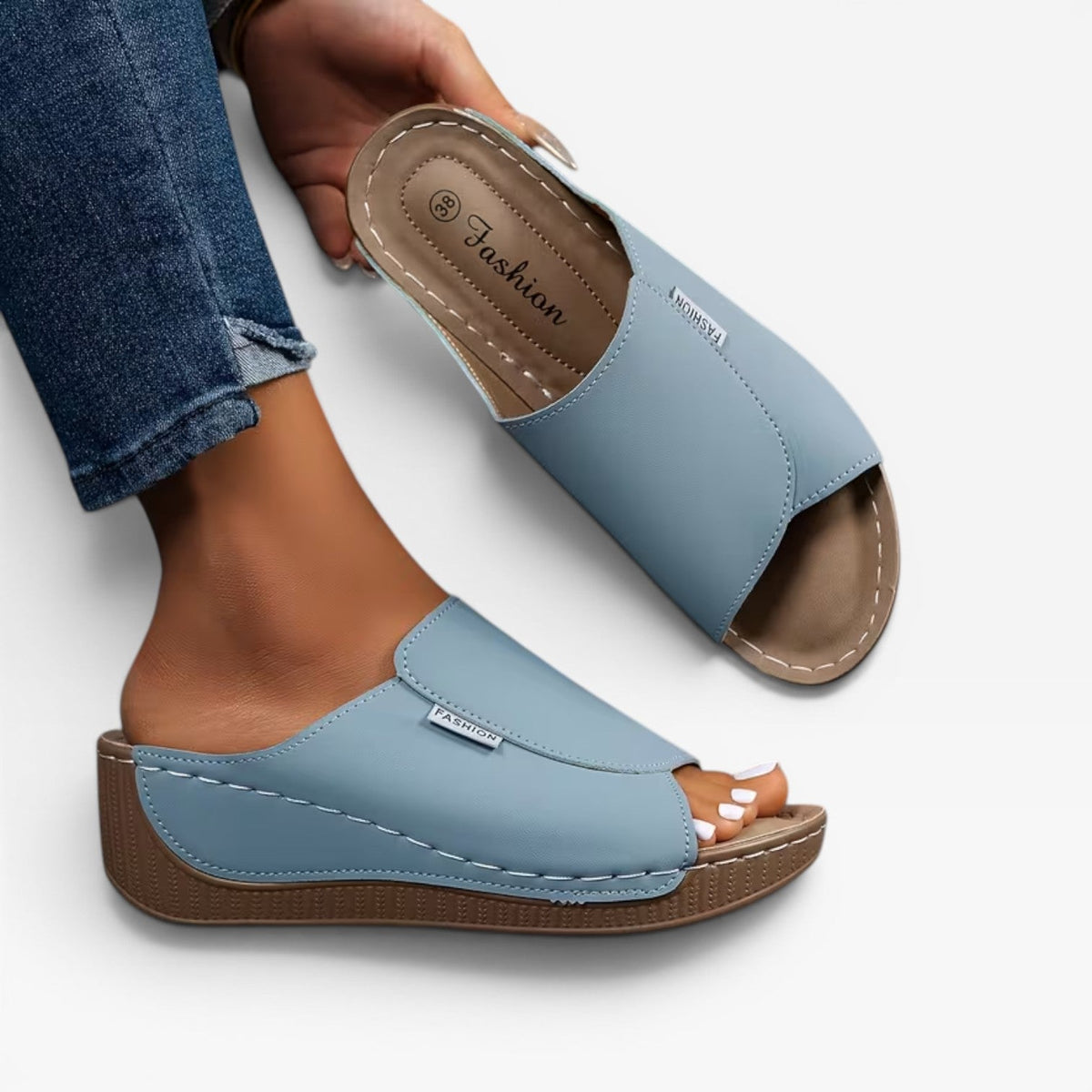 Leather Wedge Slide Sandals, Open Toe Cushioned Footbed