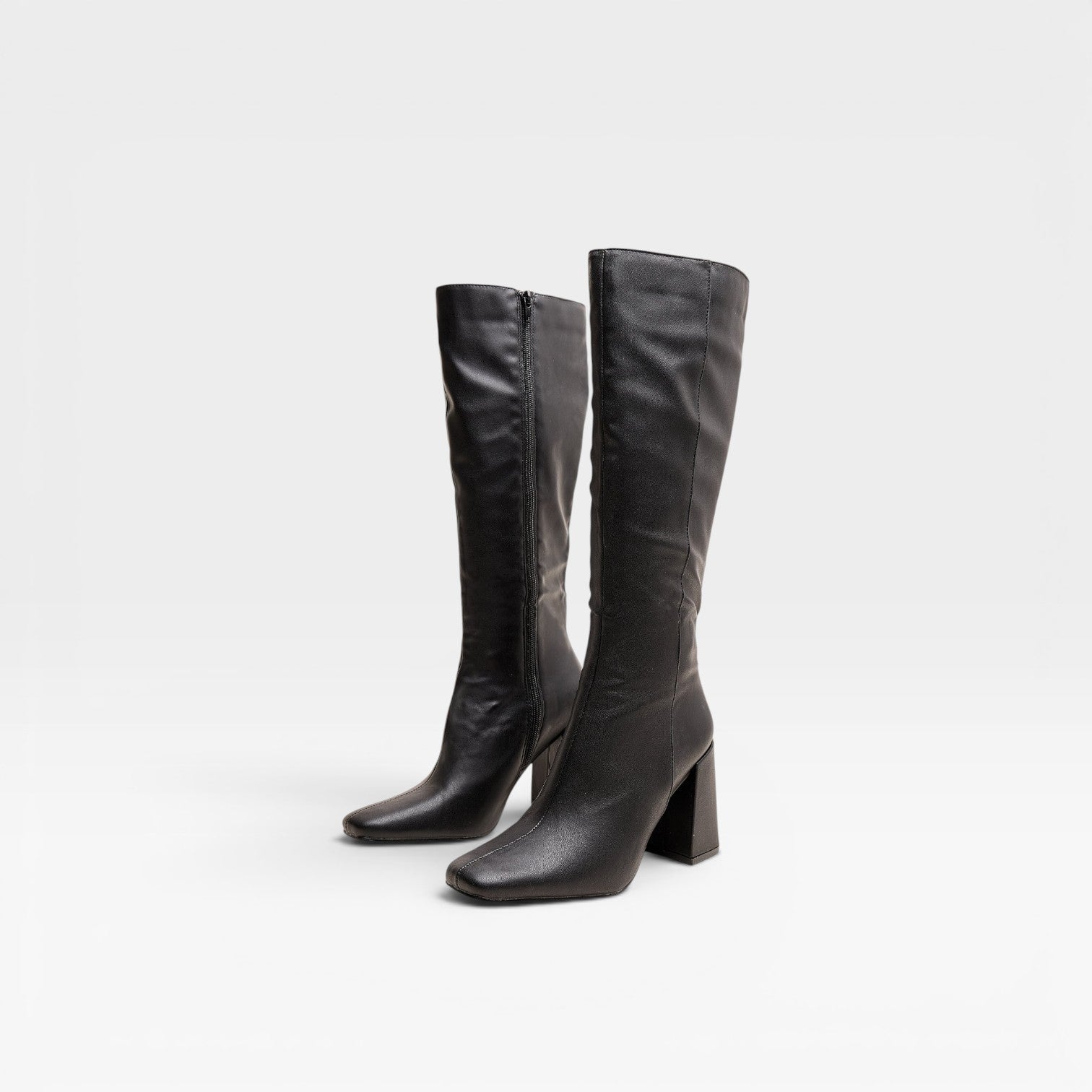 Knee High Block Heel Boots, Square Toe Inner Zip Up