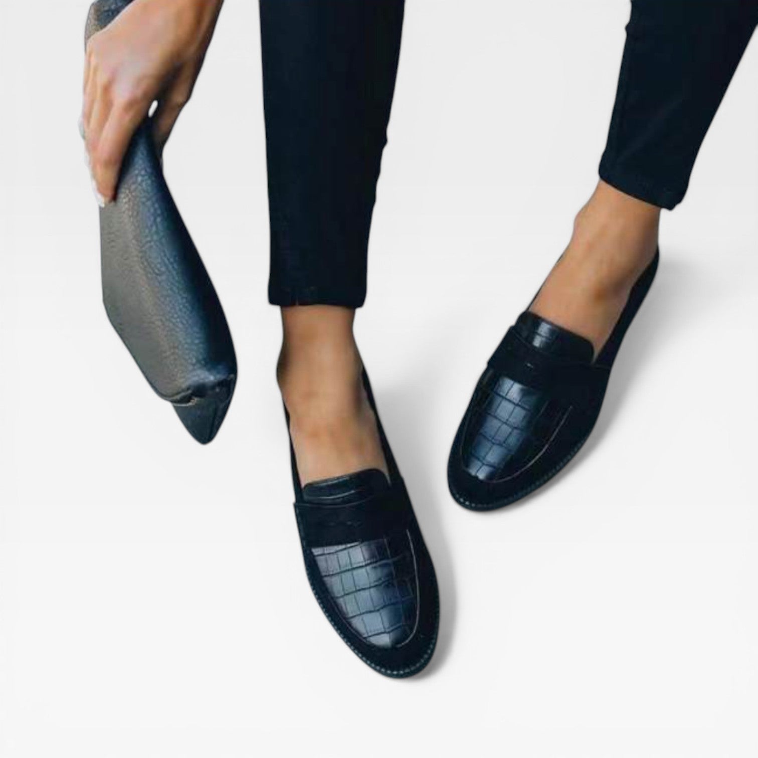 Croc Print Loafers, Black Textured Flat Slip-On Shoe