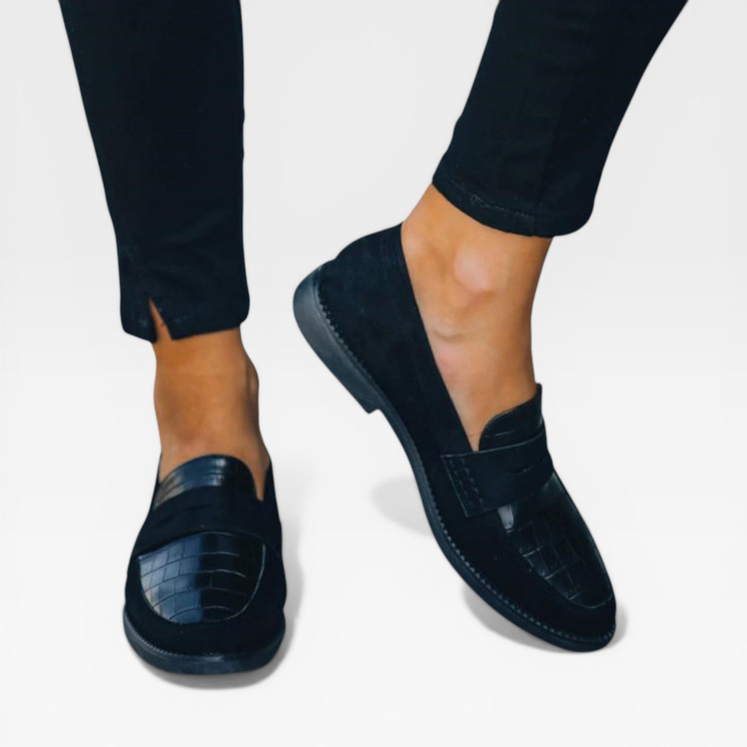 Croc Print Loafers, Black Textured Flat Slip-On Shoe