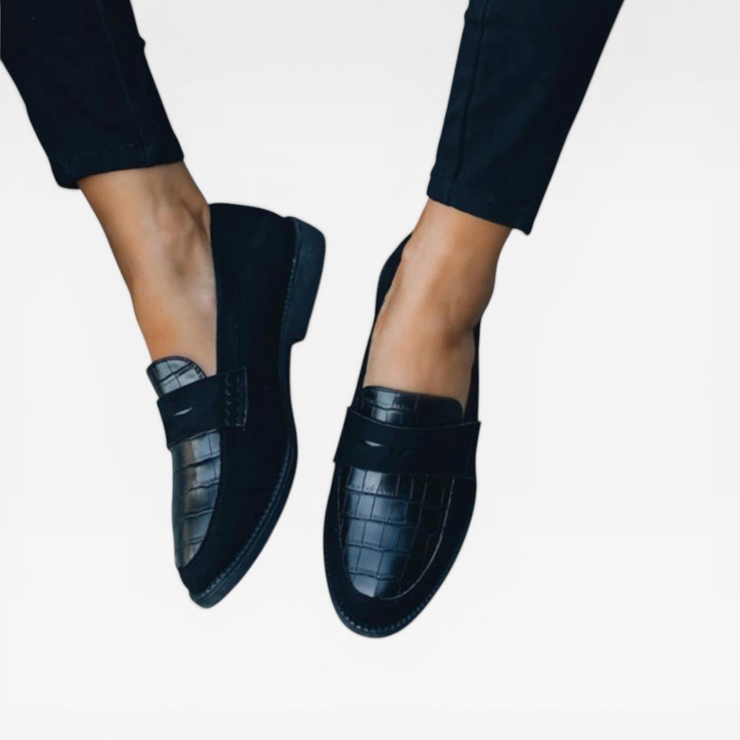 Croc Print Loafers, Black Textured Flat Slip-On Shoe