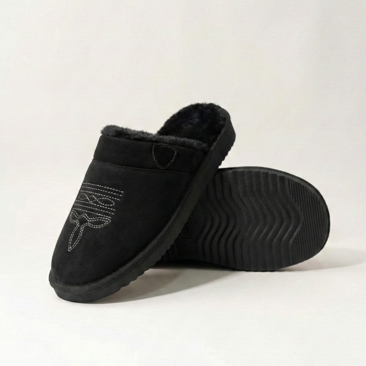 Suede Look Cowboy Slippers, Faux Fur Lined Slip On Mule