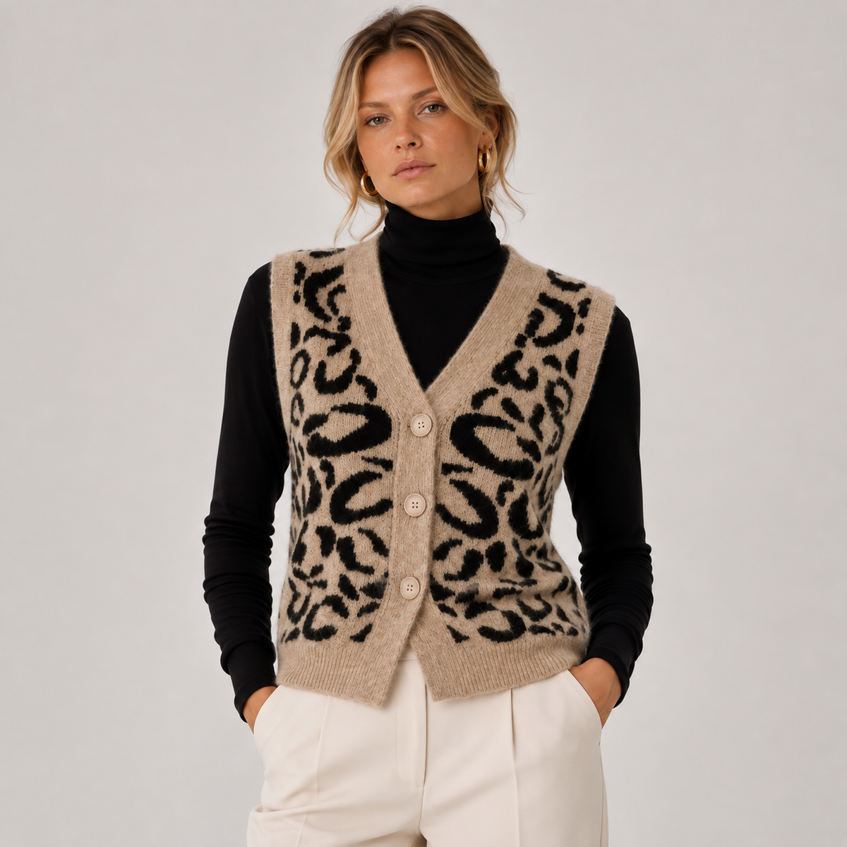 Leopard Print Sweater Vest, Button Front Knit Layer