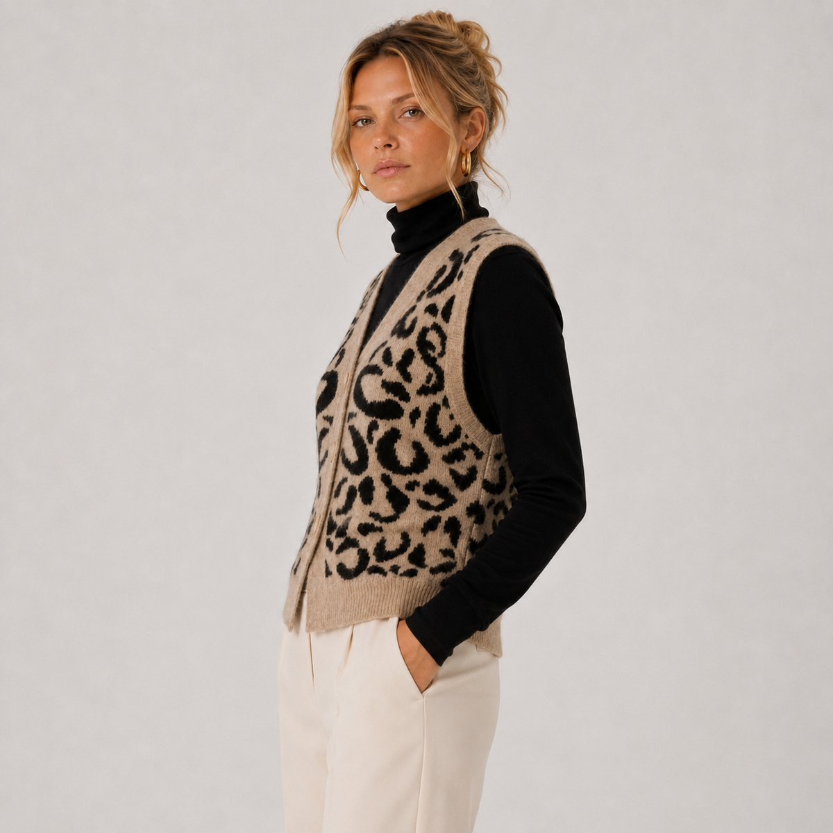 Leopard Print Sweater Vest, Button Front Knit Layer