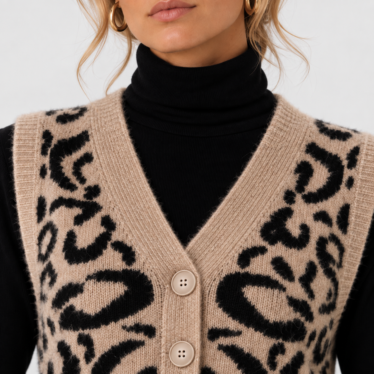 Leopard Print Sweater Vest, Button Front Knit Layer