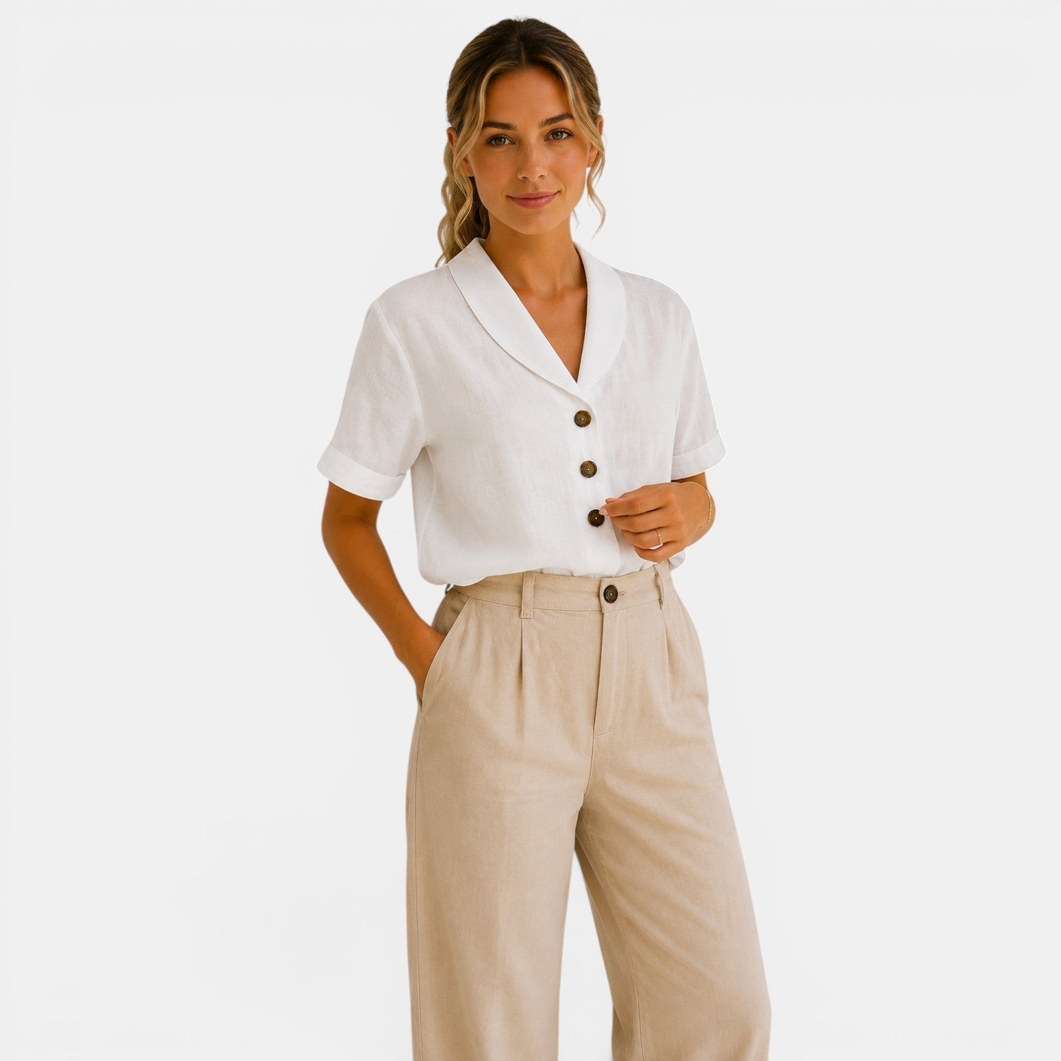 Shawl Collar Short Sleeve Blouse, Relaxed Button Front
