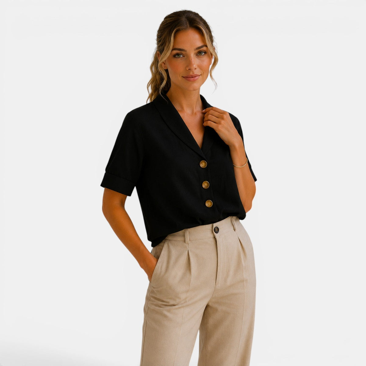 Shawl Collar Short Sleeve Blouse, Relaxed Button Front
