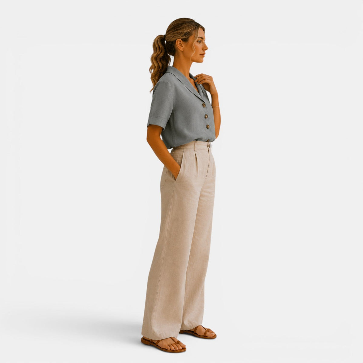 Shawl Collar Short Sleeve Blouse, Relaxed Button Front