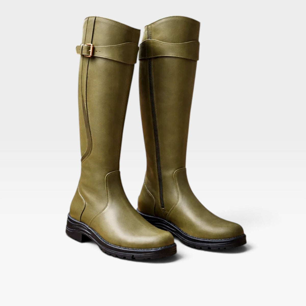 Waterproof Leather Riding Boots, Buckle Strap Tall Shaft