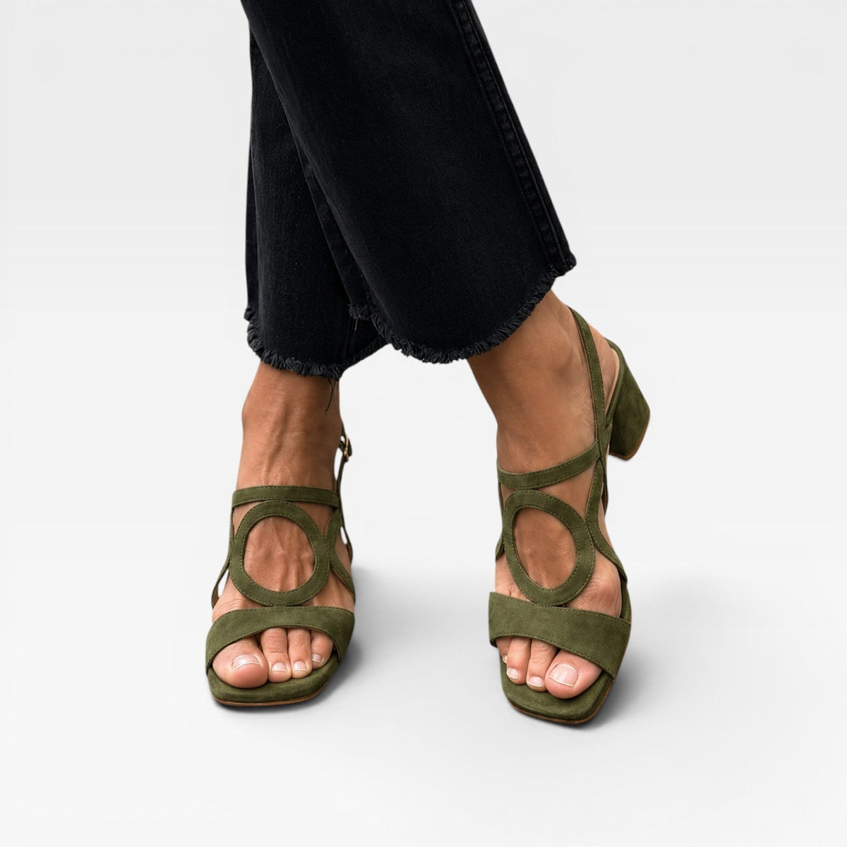 Suede Block Heel Sandals, Circle Cutout Ankle Strap