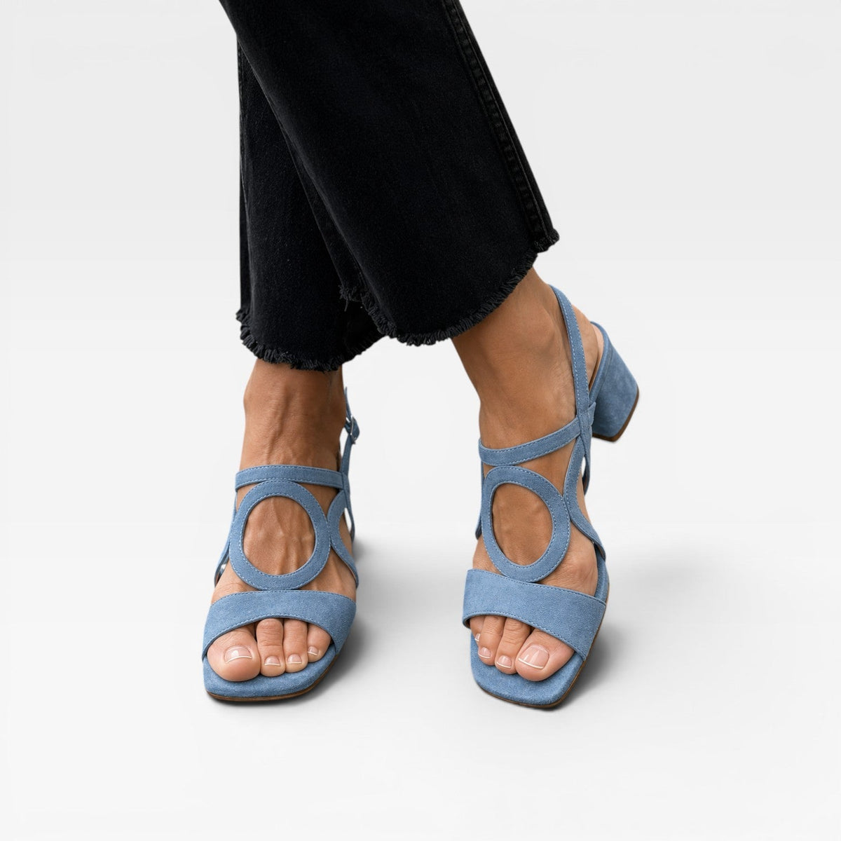 Suede Block Heel Sandals, Circle Cutout Ankle Strap